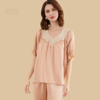 100% Mulberry Silk 19Momme Lace V-neck Half Sleeve Women&
