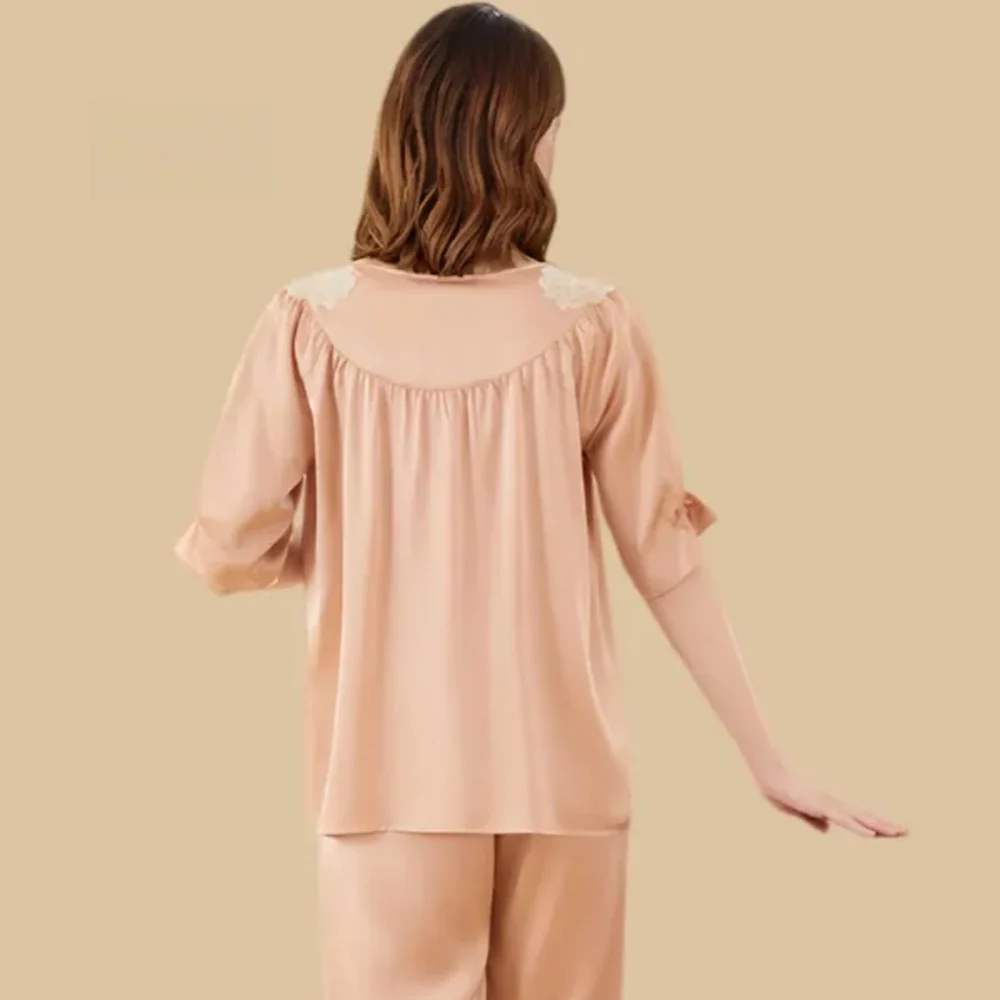 100% Mulberry Silk 19Momme Lace V-neck Half Sleeve Women&