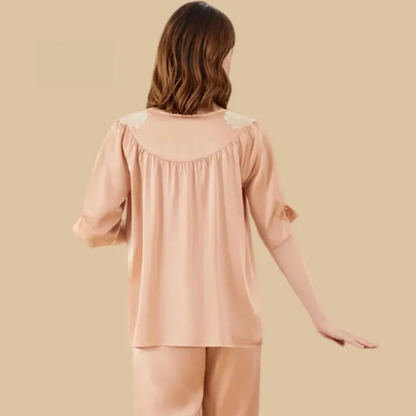 100% Mulberry Silk 19Momme Lace V-neck Half Sleeve Women&