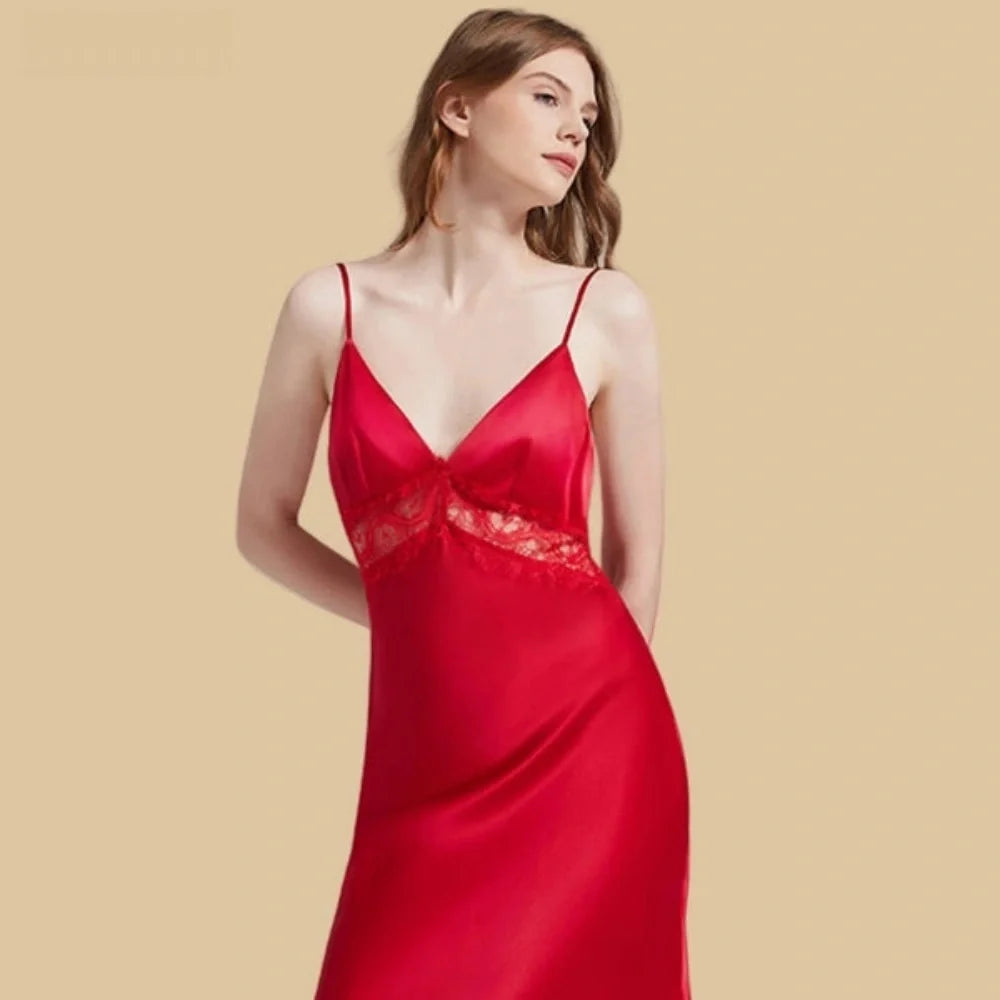 100% Mulberry Silk 19Momme Lace-Waist Nightgown with Criss-Cross Back