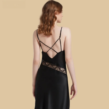 100% Mulberry Silk 19Momme Lace-Waist Nightgown with Criss-Cross Back