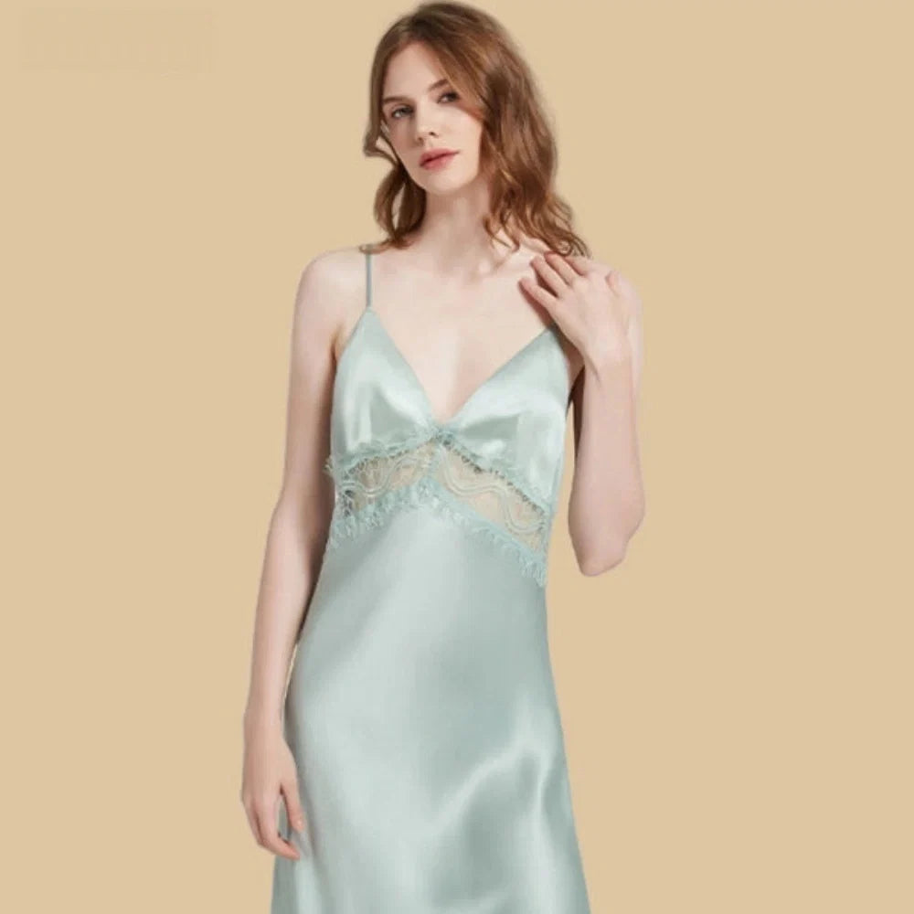100% Mulberry Silk 19Momme Lace-Waist Nightgown with Criss-Cross Back