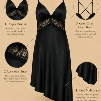 100% Mulberry Silk 19Momme Lace-Waist Nightgown with Criss-Cross Back