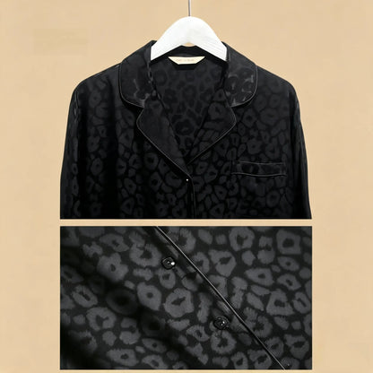 100% Mulberry Silk 19Momme Leopard Print Long Sleeve Button Up Women&