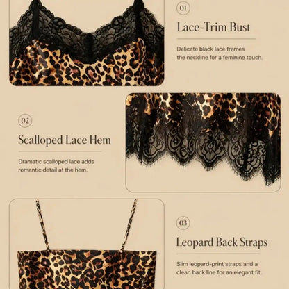 100% Mulberry Silk 19Momme Leopard Spaghetti Strap Nightgown with Lace Trim V-neck and Hem