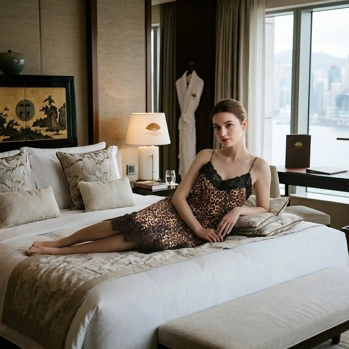 100% Mulberry Silk 19Momme Leopard Spaghetti Strap Nightgown with Lace Trim V-neck and Hem
