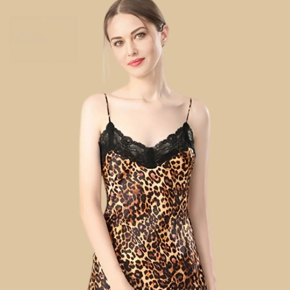 100% Mulberry Silk 19Momme Leopard Spaghetti Strap Nightgown with Lace Trim V-neck and Hem