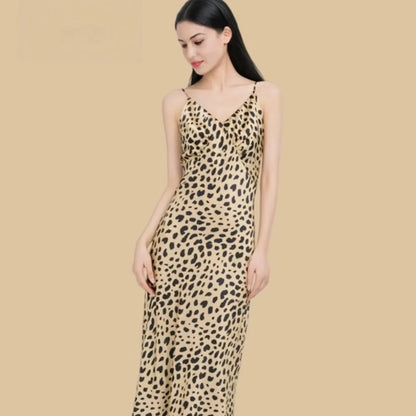 100% Mulberry Silk 19Momme Leopard V-Neck Spaghetti Strap Maxi Nightgown