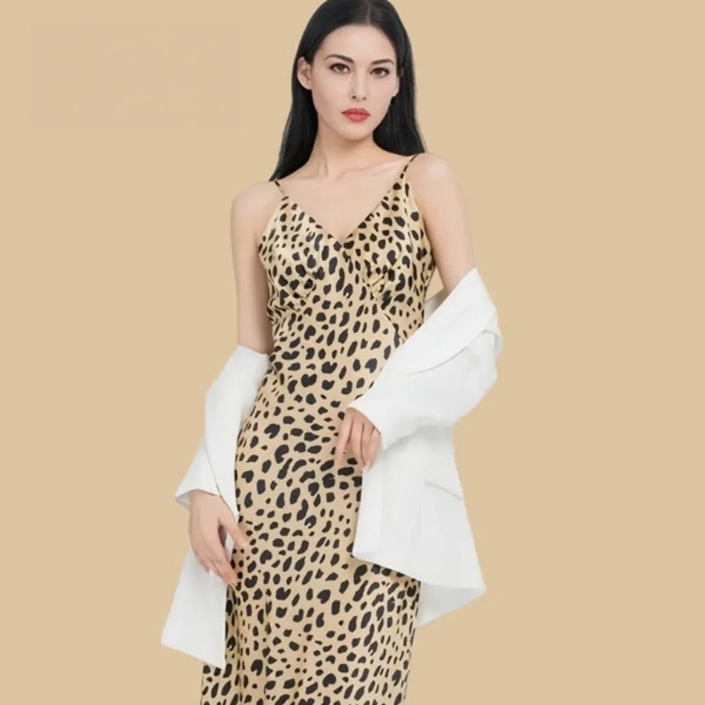 100% Mulberry Silk 19Momme Leopard V-Neck Spaghetti Strap Maxi Nightgown