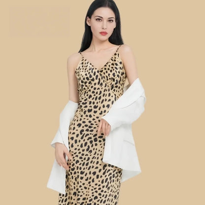 100% Mulberry Silk 19Momme Leopard V-Neck Spaghetti Strap Maxi Nightgown