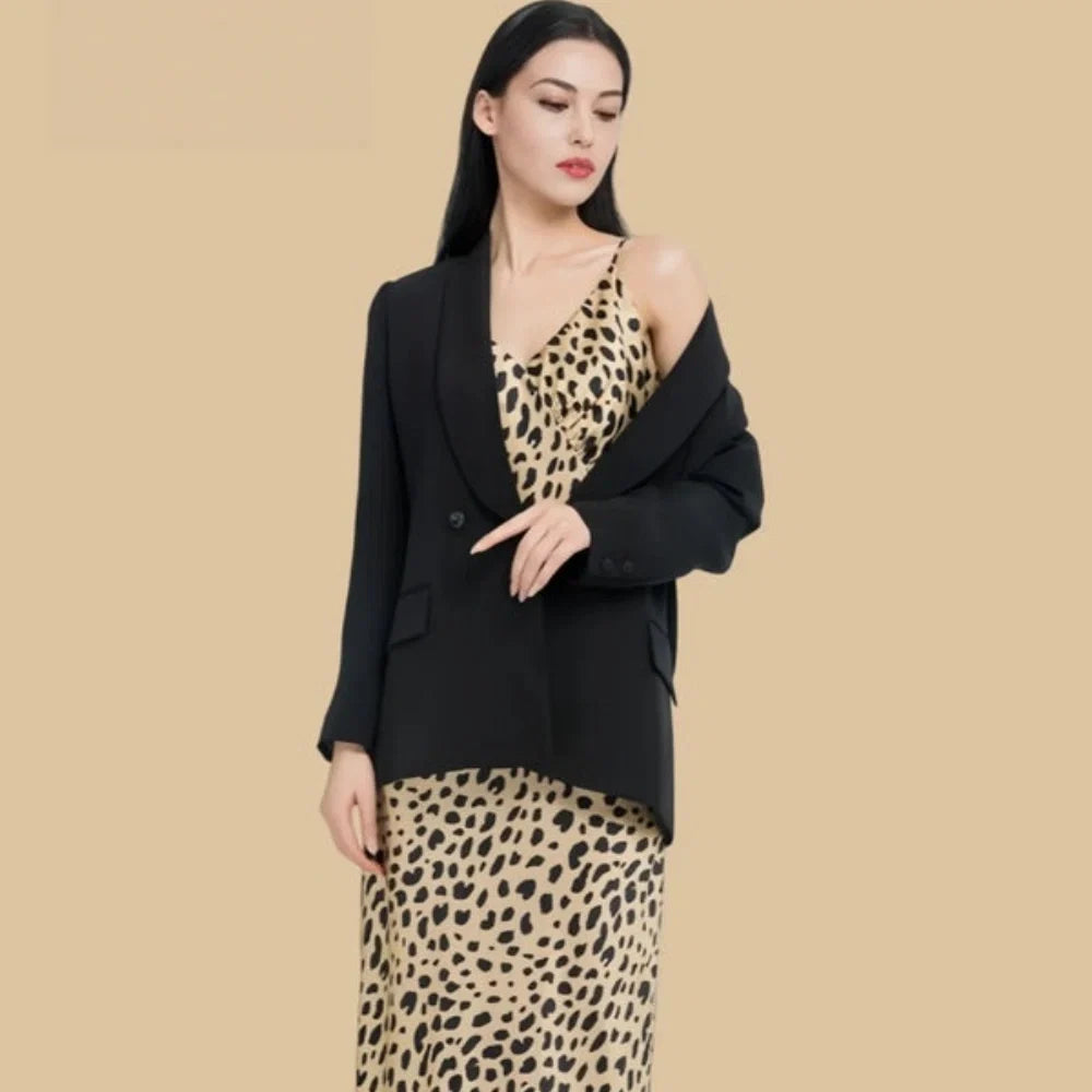100% Mulberry Silk 19Momme Leopard V-Neck Spaghetti Strap Maxi Nightgown