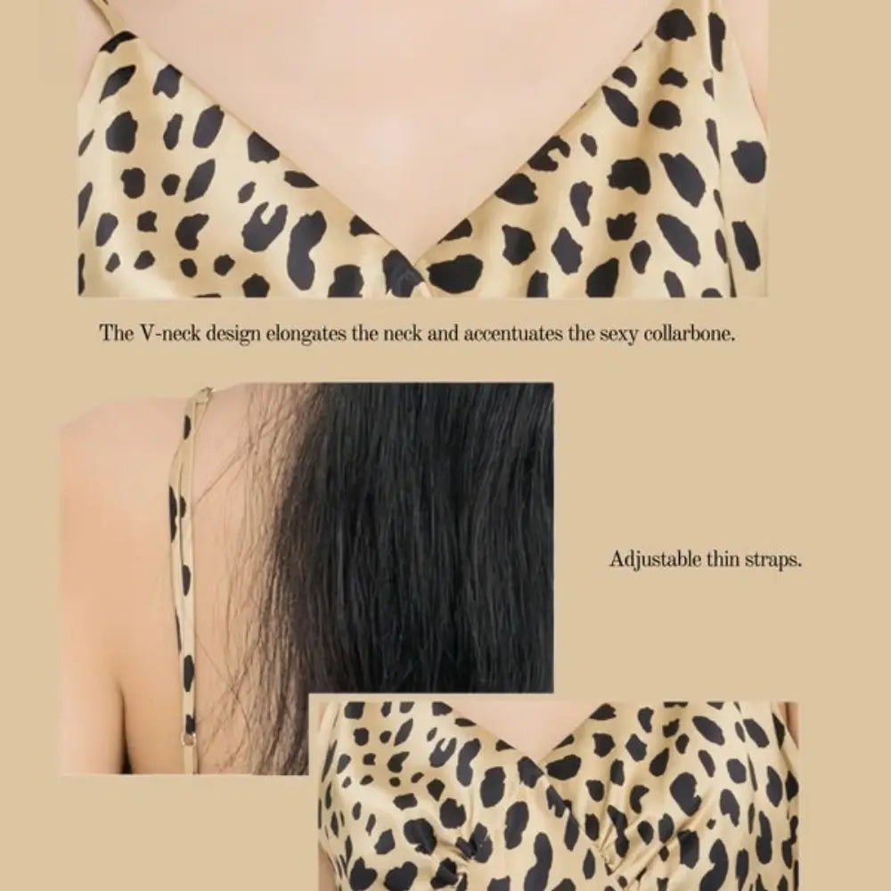 100% Mulberry Silk 19Momme Leopard V-Neck Spaghetti Strap Maxi Nightgown