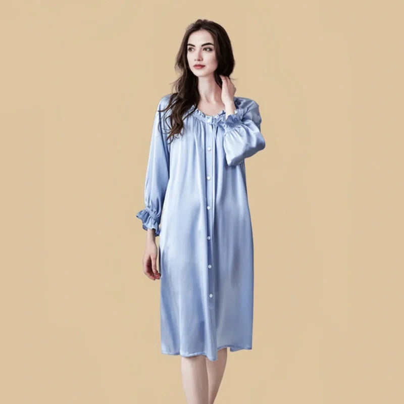 100% Mulberry Silk 19Momme Long Sleeve Off-Shoulder Midi Nightgown with Button Design