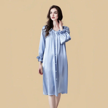 100% Mulberry Silk 19Momme Long Sleeve Off-Shoulder Midi Nightgown with Button Design