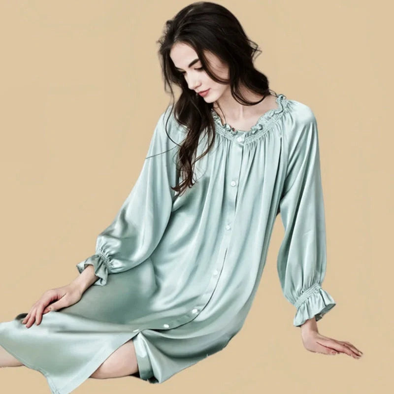 100% Mulberry Silk 19Momme Long Sleeve Off-Shoulder Midi Nightgown with Button Design
