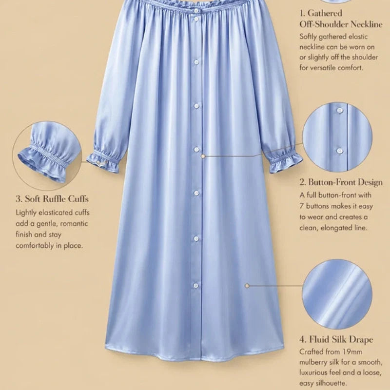 100% Mulberry Silk 19Momme Long Sleeve Off-Shoulder Midi Nightgown with Button Design