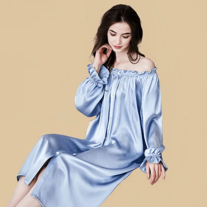 100% Mulberry Silk 19Momme Long Sleeve Off-Shoulder Midi Nightgown with Button Design
