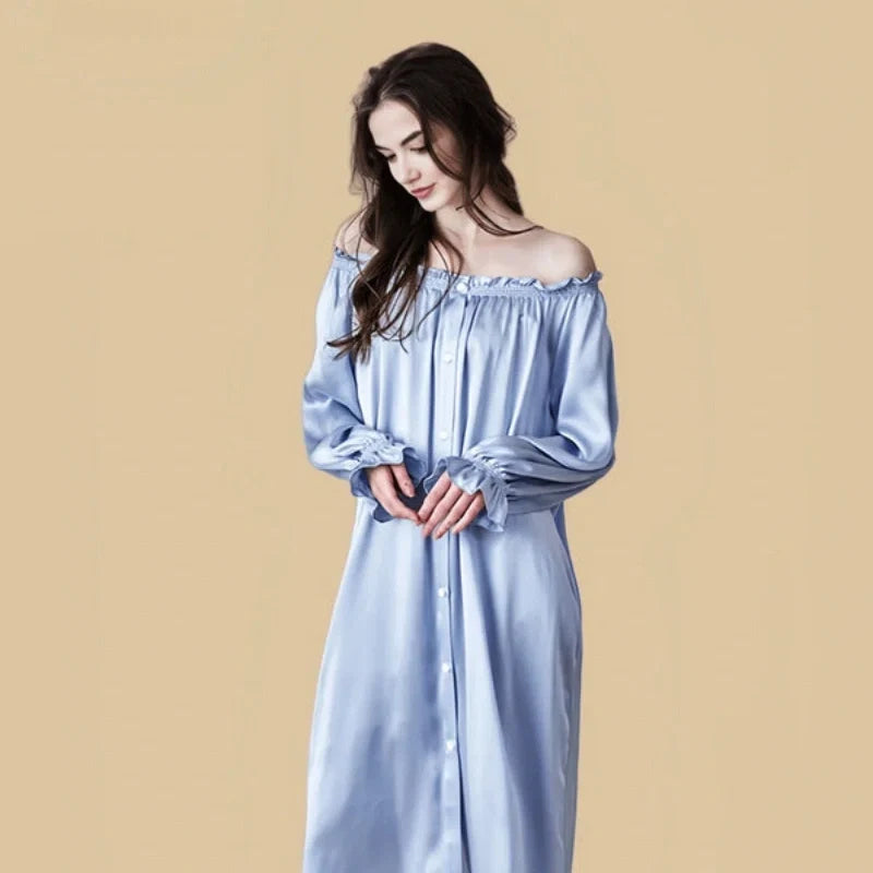 100% Mulberry Silk 19Momme Long Sleeve Off-Shoulder Midi Nightgown with Button Design