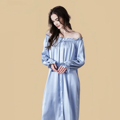 100% Mulberry Silk 19Momme Long Sleeve Off-Shoulder Midi Nightgown with Button Design