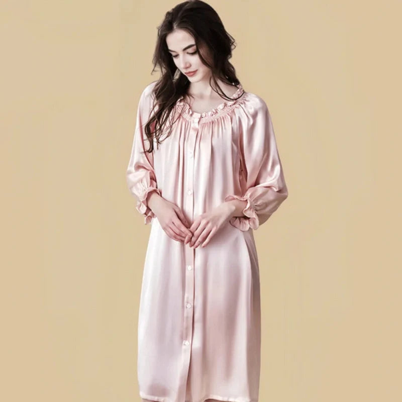 100% Mulberry Silk 19Momme Long Sleeve Off-Shoulder Midi Nightgown with Button Design