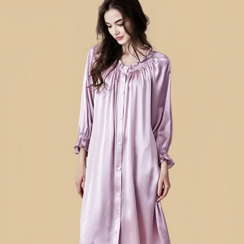 100% Mulberry Silk 19Momme Long Sleeve Off-Shoulder Midi Nightgown with Button Design