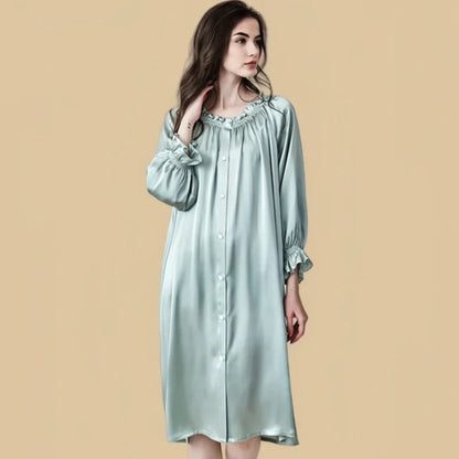 100% Mulberry Silk 19Momme Long Sleeve Off-Shoulder Midi Nightgown with Button Design