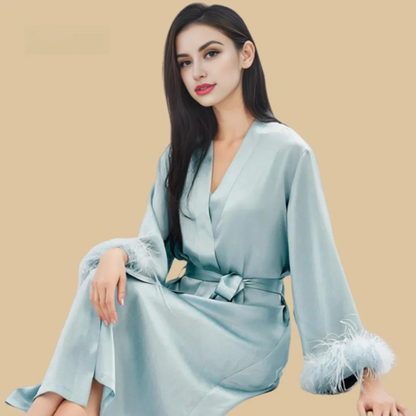 100% Mulberry Silk 19Momme Midi Kimono Robe &amp; Nightgown with Feather-Trim Cuffs