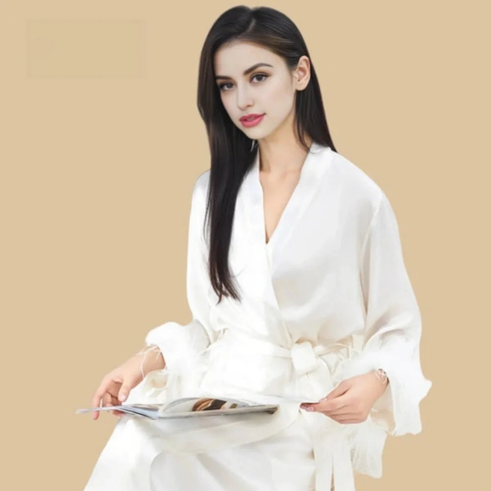 100% Mulberry Silk 19Momme Midi Kimono Robe &amp; Nightgown with Feather-Trim Cuffs