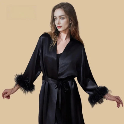 100% Mulberry Silk 19Momme Midi Kimono Robe &amp; Nightgown with Feather-Trim Cuffs