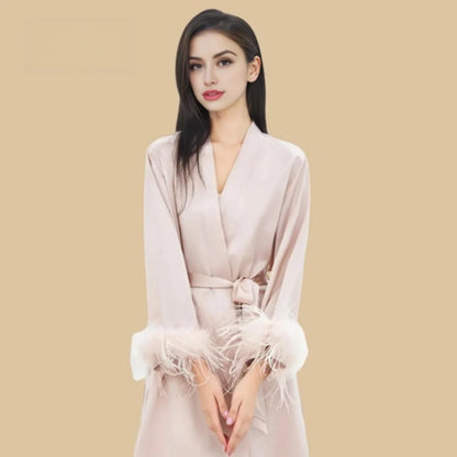 100% Mulberry Silk 19Momme Midi Kimono Robe &amp; Nightgown with Feather-Trim Cuffs