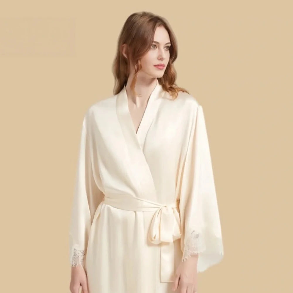100% Mulberry Silk 19Momme Nightgown &amp; Kimono Robe Set with Lace Design