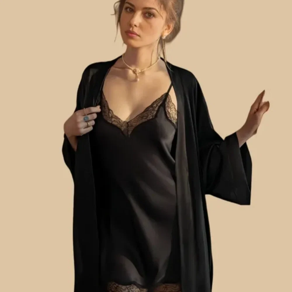 100% Mulberry Silk 19Momme Nightgown &amp; Kimono Robe Set with Lace Trim Design