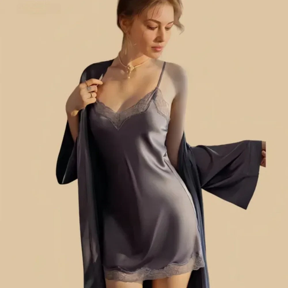 100% Mulberry Silk 19Momme Nightgown &amp; Kimono Robe Set with Lace Trim Design