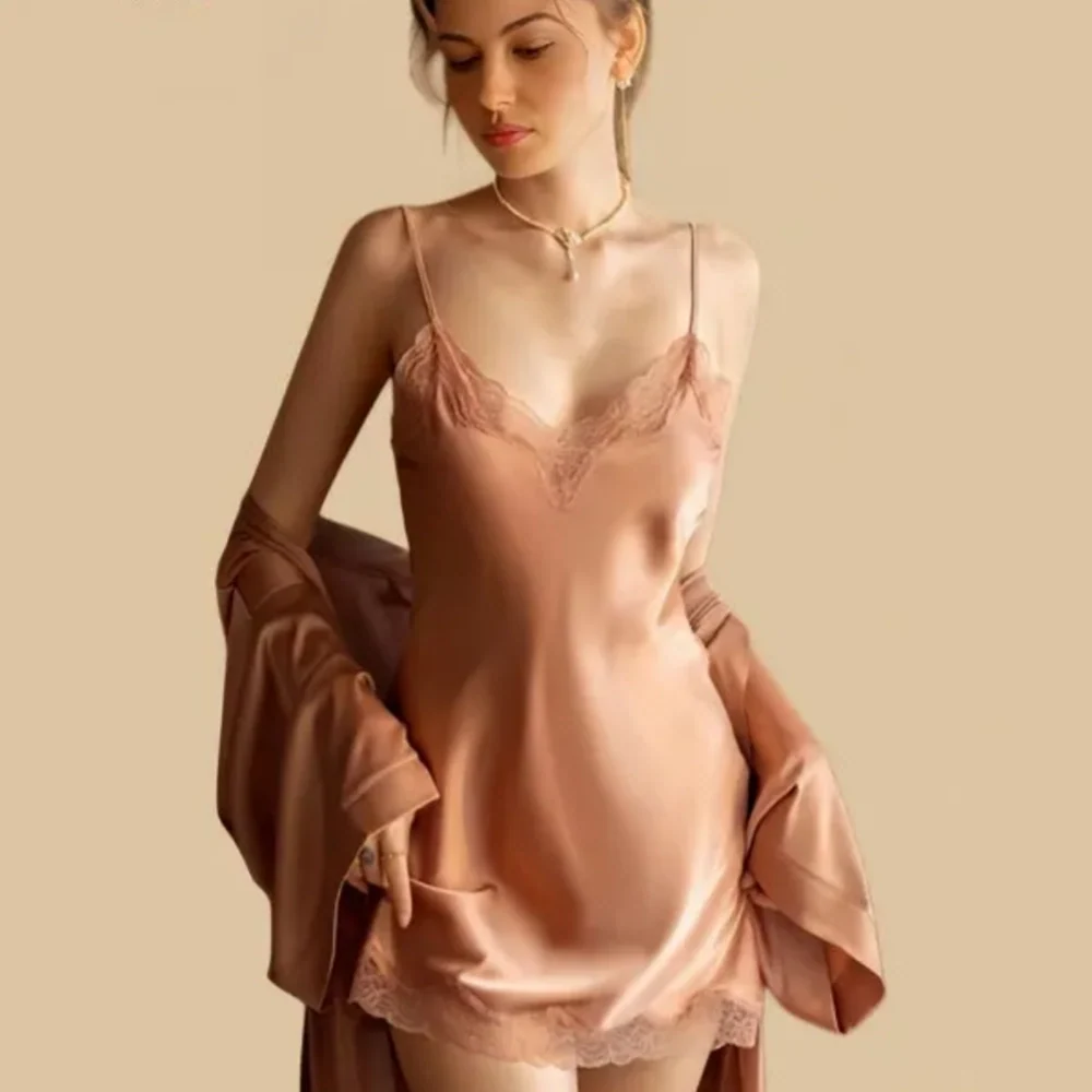 100% Mulberry Silk 19Momme Nightgown &amp; Kimono Robe Set with Lace Trim Design