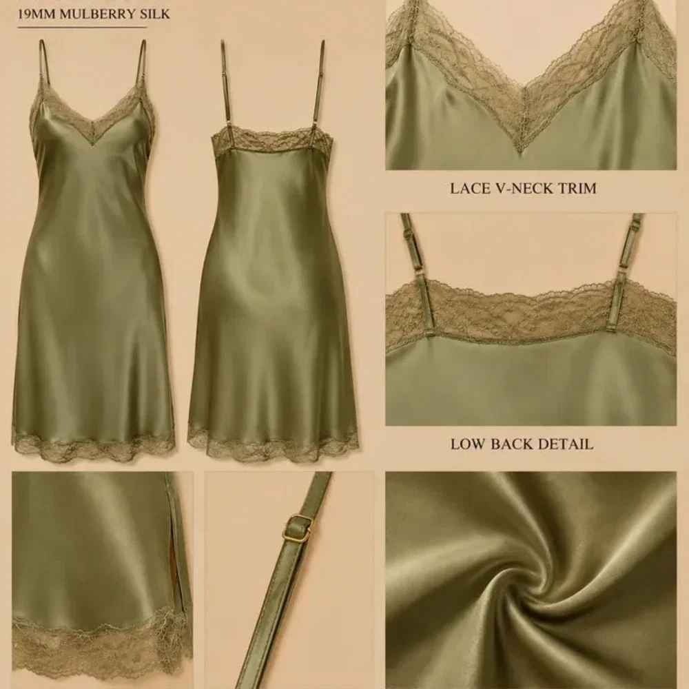 100% Mulberry Silk 19Momme Nightgown &amp; Kimono Robe Set with Lace Trim Design