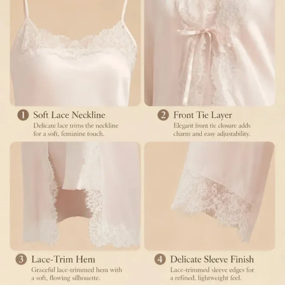 100% Mulberry Silk 19Momme Nightgown &amp; Robe Set with Lace Trim Design