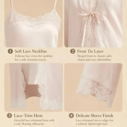 100% Mulberry Silk 19Momme Nightgown &amp; Robe Set with Lace Trim Design