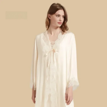100% Mulberry Silk 19Momme Nightgown &amp; Robe Set with Lace Trim Design