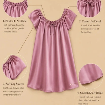 100% Mulberry Silk 19Momme Pleated U-Neck Short Nightgown with Cap Sleeves