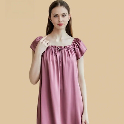 100% Mulberry Silk 19Momme Pleated U-Neck Short Nightgown with Cap Sleeves