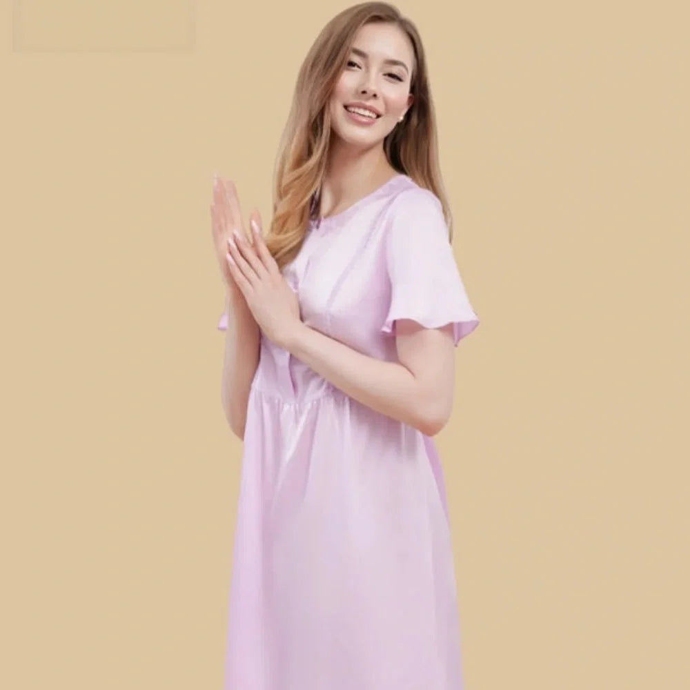100% Mulberry Silk 19Momme Round Neck Short Sleeve Nightgown with Button and Tie Waist