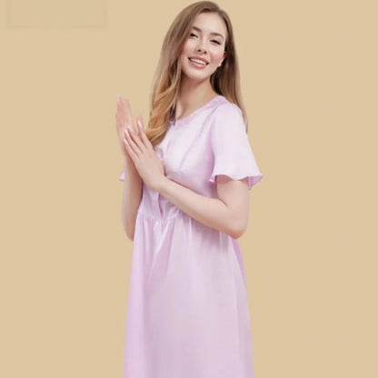 100% Mulberry Silk 19Momme Round Neck Short Sleeve Nightgown with Button and Tie Waist