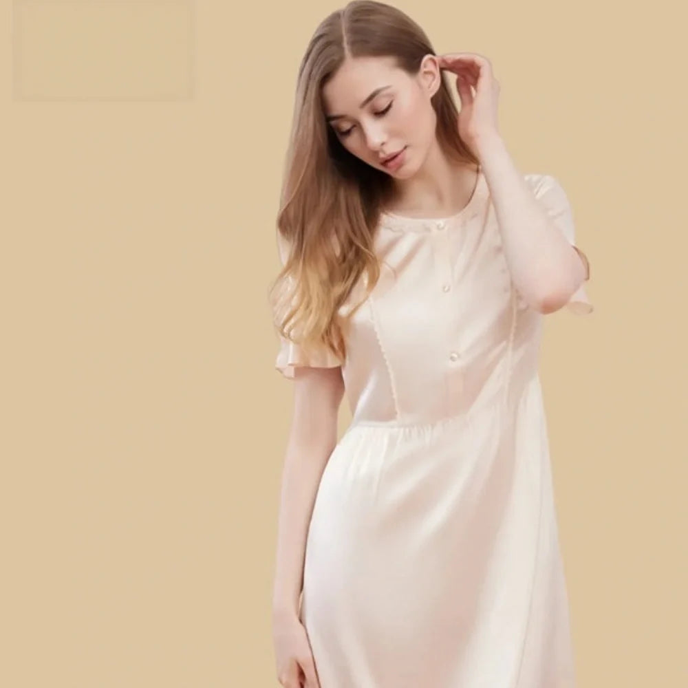 100% Mulberry Silk 19Momme Round Neck Short Sleeve Nightgown with Button and Tie Waist