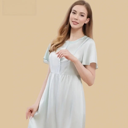 100% Mulberry Silk 19Momme Round Neck Short Sleeve Nightgown with Button and Tie Waist