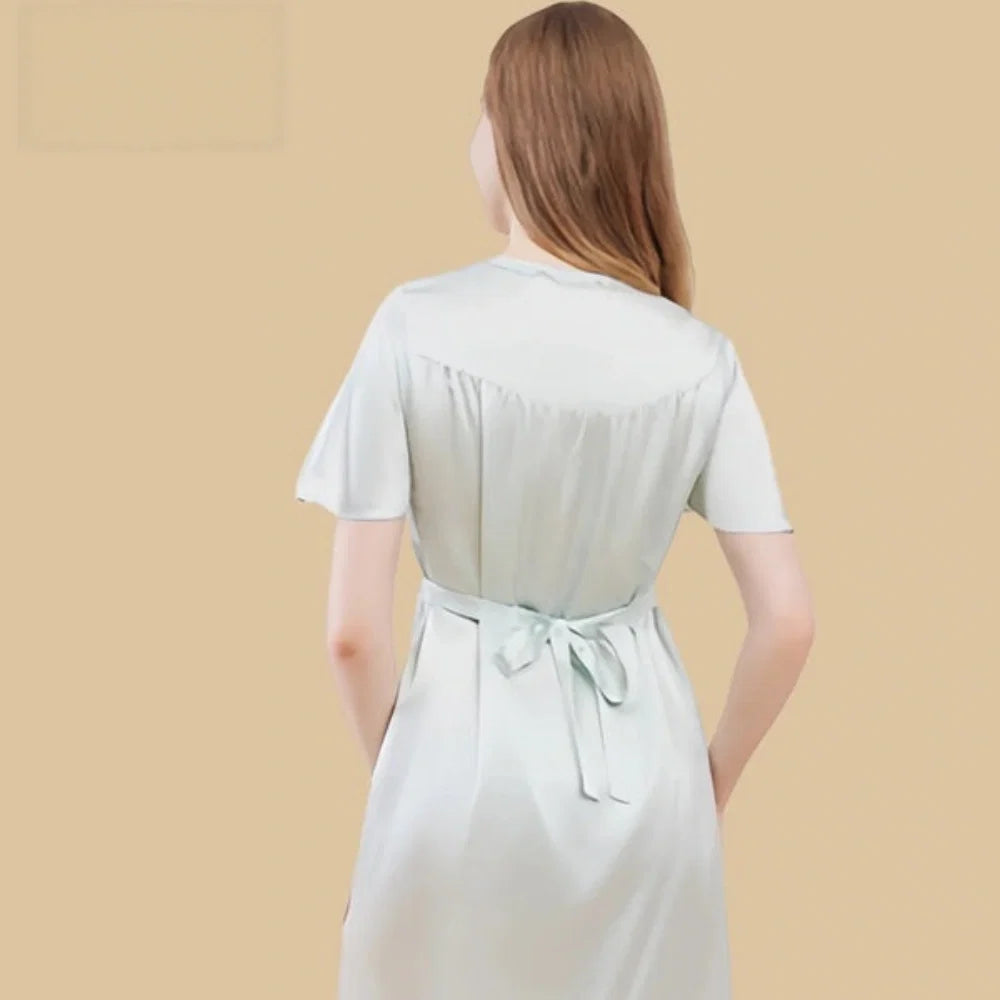100% Mulberry Silk 19Momme Round Neck Short Sleeve Nightgown with Button and Tie Waist