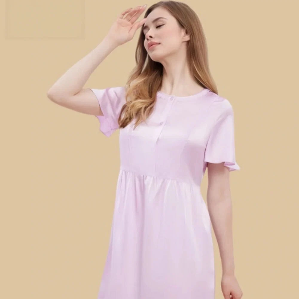 100% Mulberry Silk 19Momme Round Neck Short Sleeve Nightgown with Button and Tie Waist
