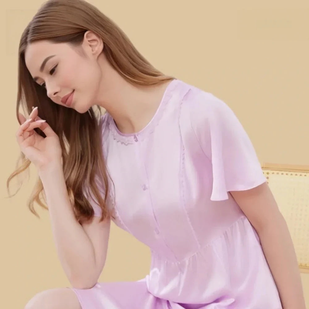 100% Mulberry Silk 19Momme Round Neck Short Sleeve Nightgown with Button and Tie Waist