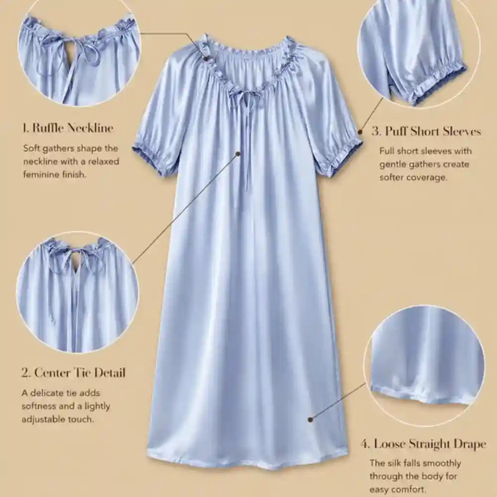 100% Mulberry Silk 19Momme Ruffle Neck Nightgown with Puff Short Sleeves