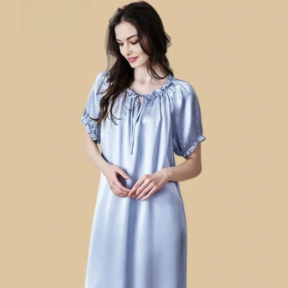 100% Mulberry Silk 19Momme Ruffle Neck Nightgown with Puff Short Sleeves