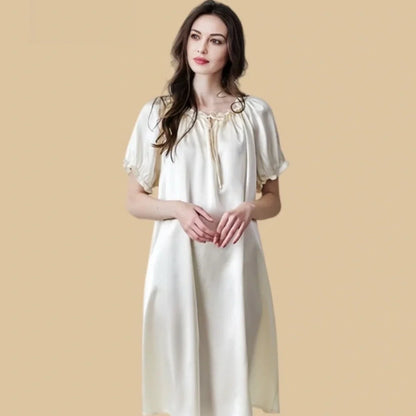 100% Mulberry Silk 19Momme Ruffle Neck Nightgown with Puff Short Sleeves